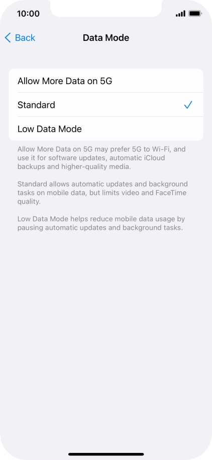 Press the required setting.