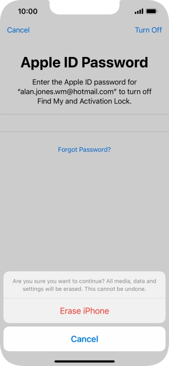 Key in the password for your Apple ID and press Erase iPhone. Wait a moment while the factory default settings are restored. Follow the instructions on the screen to set up your phone and prepare it for use.