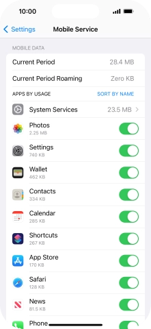 The data usage for each application is displayed below the name of the application. The data usage for each application is displayed below the name of the application.
