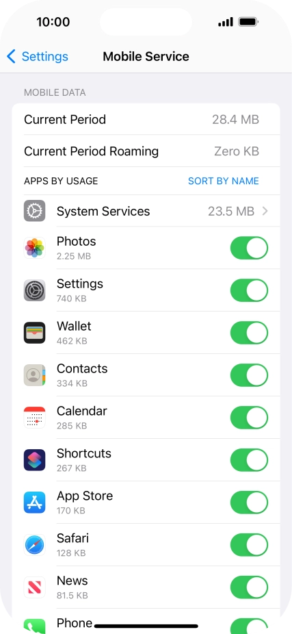 The data usage for each application is displayed below the name of the application. The data usage for each application is displayed below the name of the application.