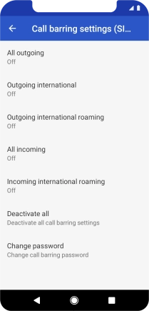 Press the required barring type to turn the function on or off.