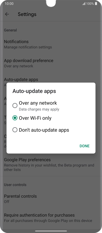 To turn on automatic update of apps using mobile network, press Over any network.