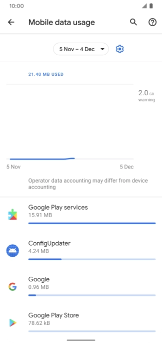 The data usage for each application is displayed below the name of the application.