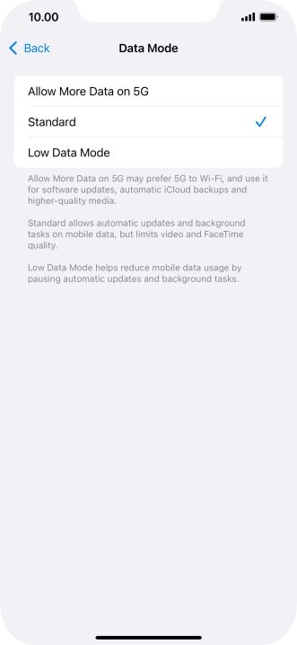 Press the required setting.