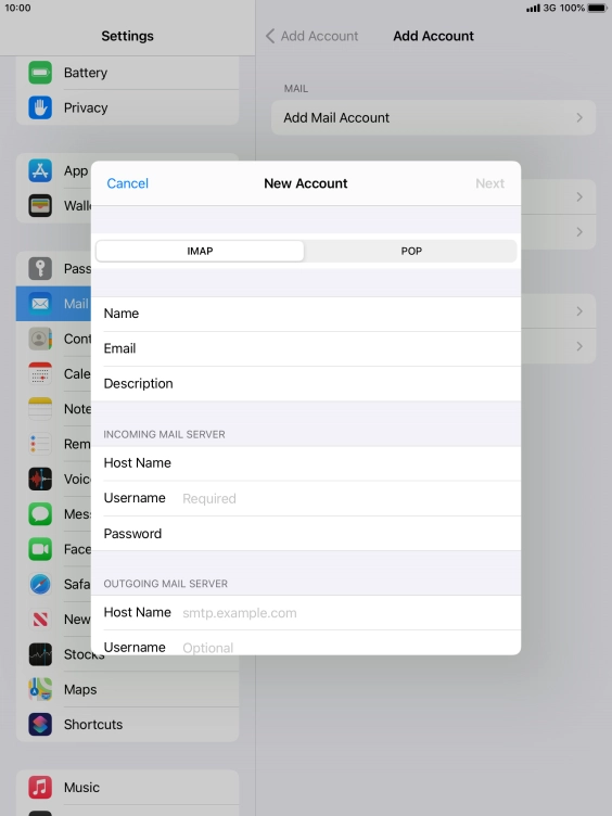 Press Username and key in the username for your email account.