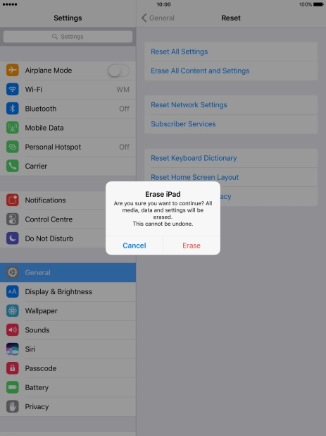 Press Erase. Wait a moment while the factory default settings are restored. 
Follow the instructions on the screen to set up your tablet and prepare it for use.