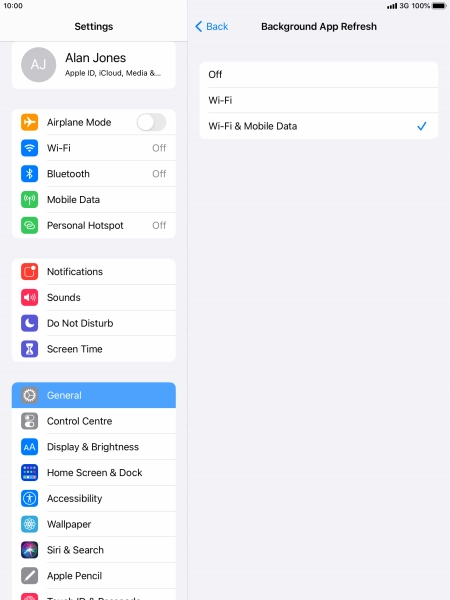 To turn off background refresh of apps, press Off.