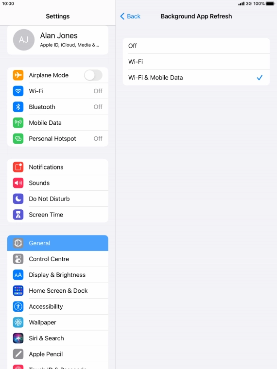 To turn off background refresh of apps, press Off.