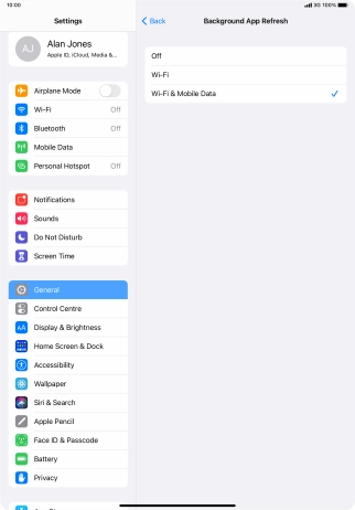 To turn off background refresh of apps, press Off.