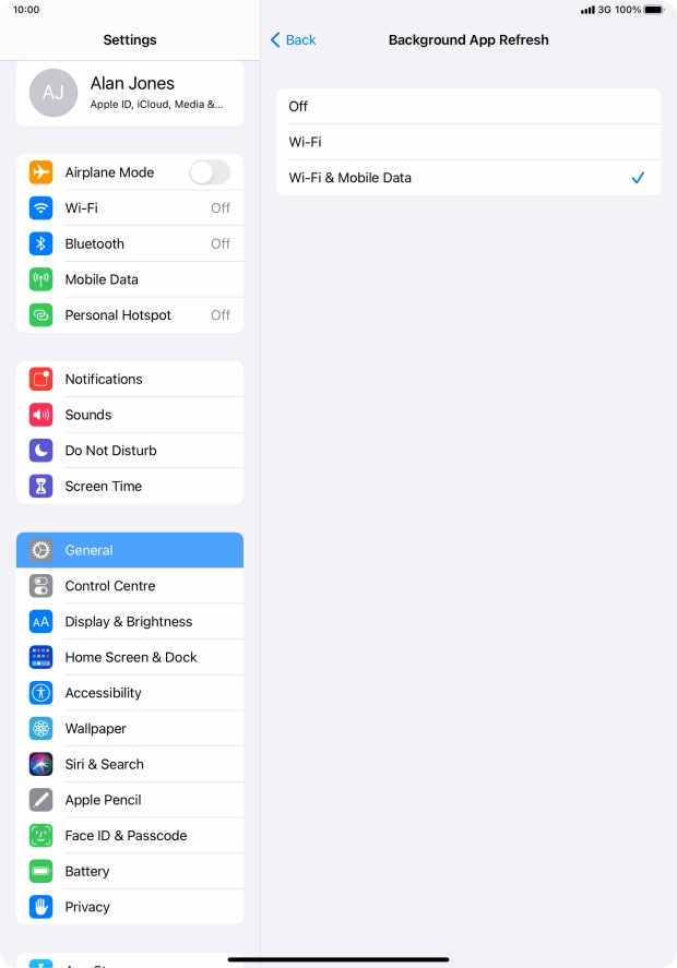 To turn off background refresh of apps, press Off.