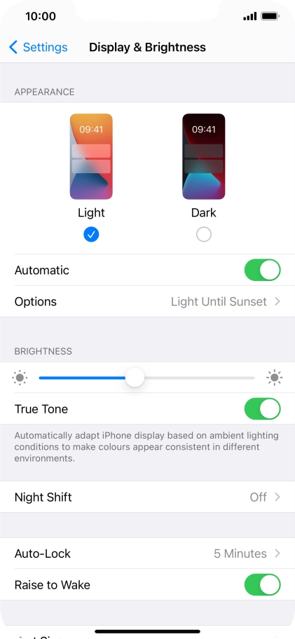If you turn on the function, press Options and follow the instructions on the screen to select the required period of time for Dark Mode.
