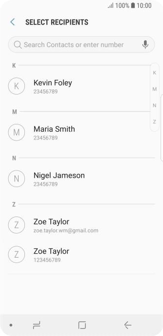 Press the search field and key in the first letters of the recipient's name.