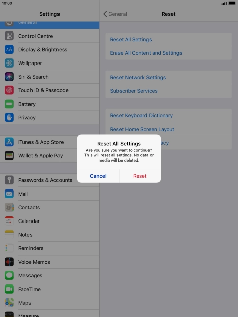 Press Reset. Wait a moment while the factory default settings are restored. Follow the instructions on the screen to set up your tablet and prepare it for use.