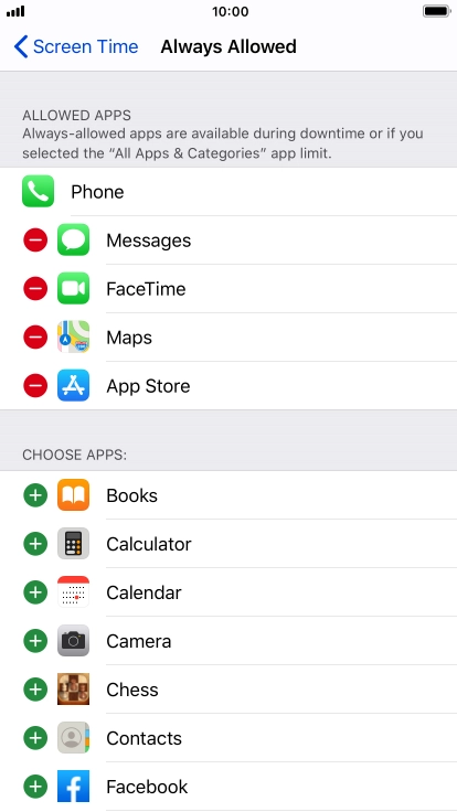 Press the remove icon next to the required app to remove it from the list of allowed apps during Downtime.