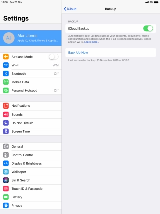 Press Back Up Now and wait while the tablet memory is backed up.