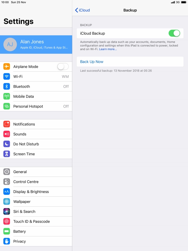 Press Back Up Now and wait while the tablet memory is backed up.