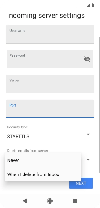 Press Never to keep email messages on the server when you delete them on your phone.