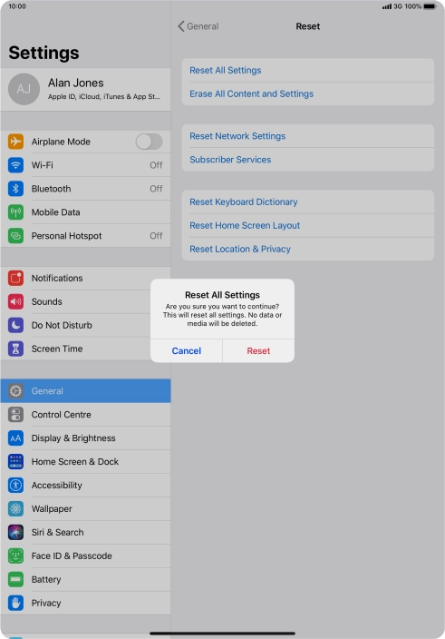 Press Reset. Wait a moment while the factory default settings are restored. Follow the instructions on the screen to set up your tablet and prepare it for use.