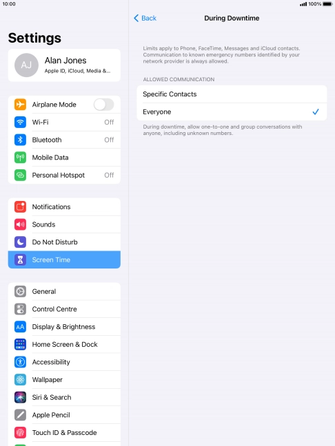 Press the required setting.