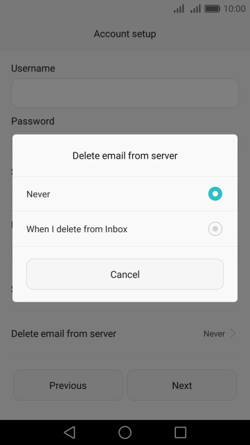 Press Never to keep email messages on the server when you delete them on your phone.
