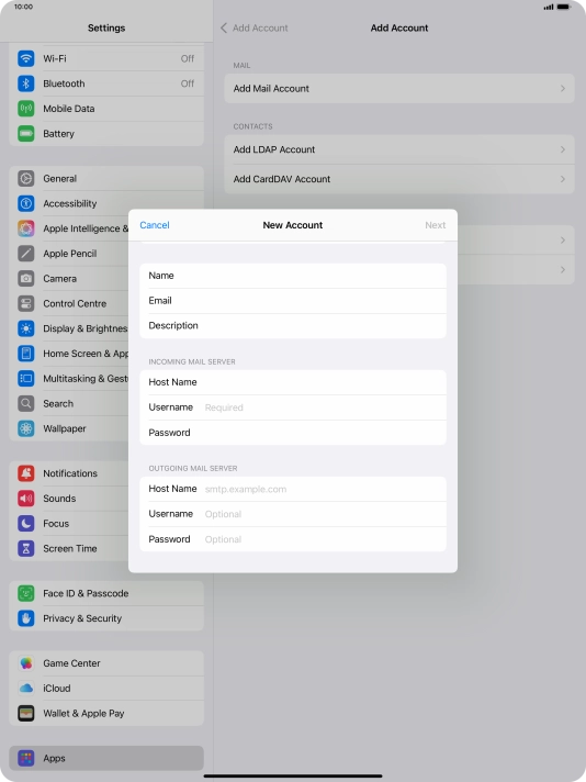 Press Username and key in the username for your email account.