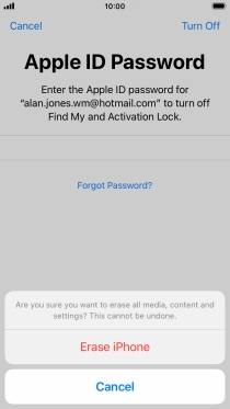 Key in the password for your Apple ID and press Erase iPhone. Wait a moment while the factory default settings are restored. Follow the instructions on the screen to set up your phone and prepare it for use.