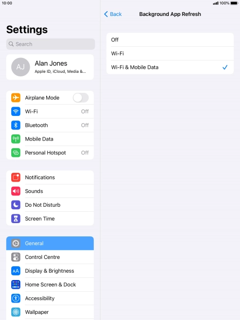To turn off background refresh of apps, press Off.