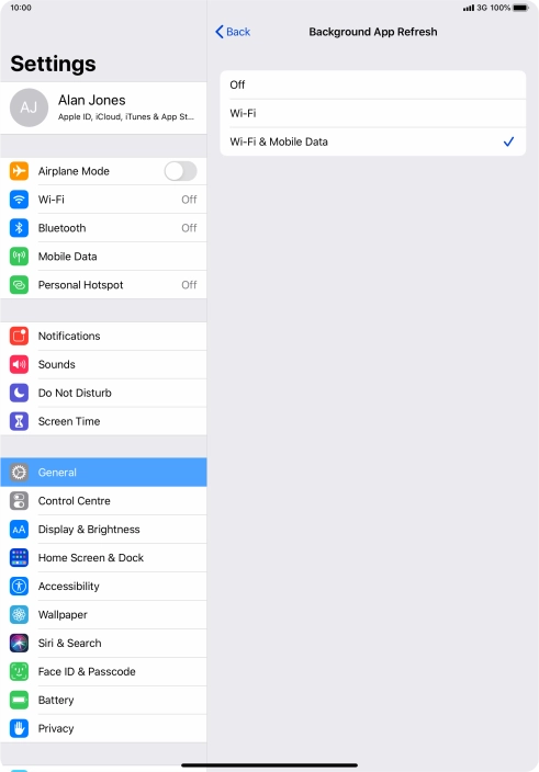 To turn off background refresh of apps, press Off.