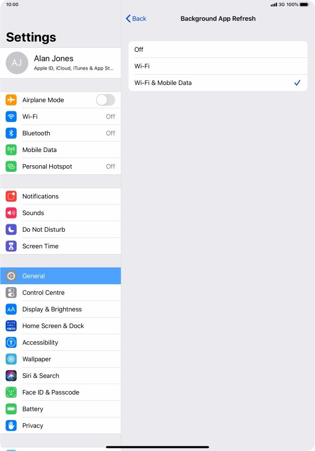 To turn off background refresh of apps, press Off.