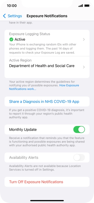 Press Turn Off Exposure Notifications.