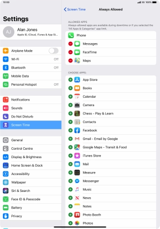 Press the add icon next to the required app to add it to the list of allowed apps during Downtime.