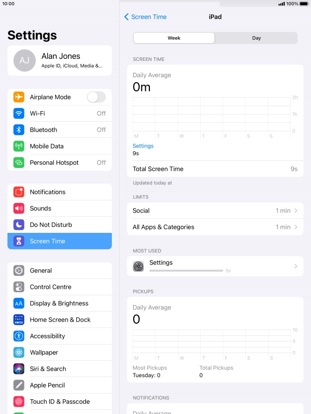 The use for the past week is displayed next to Total Screen Time. The use for the past week is displayed next to Total Screen Time.