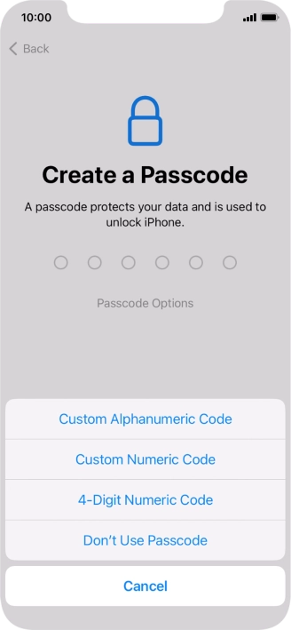Follow the instructions on the screen to turn on use of phone lock code or press Don't Use Passcode.