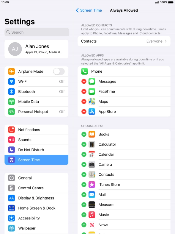 Press the remove icon next to the required app to remove it from the list of allowed apps during Downtime.