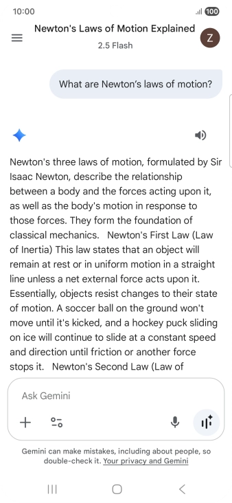 Transcription of the conversation with Gemini Live is now displayed.