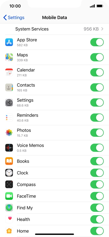 The data usage for each application is displayed below the name of the application.