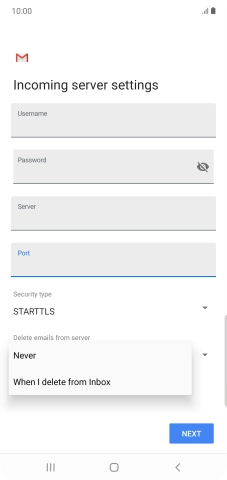 Press Never to keep email messages on the server when you delete them on your phone.