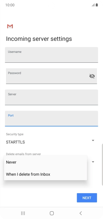 Press Never to keep email messages on the server when you delete them on your phone.