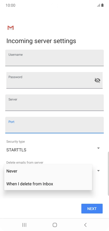 Press Never to keep email messages on the server when you delete them on your phone.