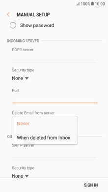 Press Never to keep email messages on the server when you delete them on your phone.