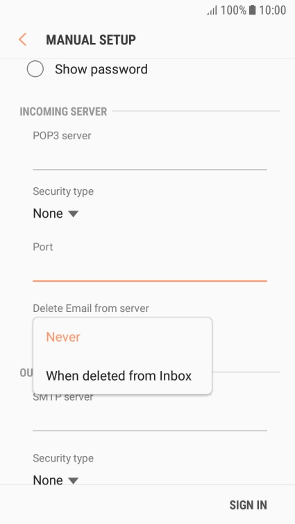 Press Never to keep email messages on the server when you delete them on your phone.