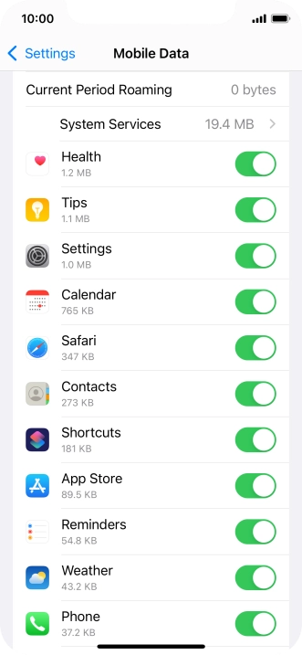 Press the indicators next to the required applications to turn the function on or off.