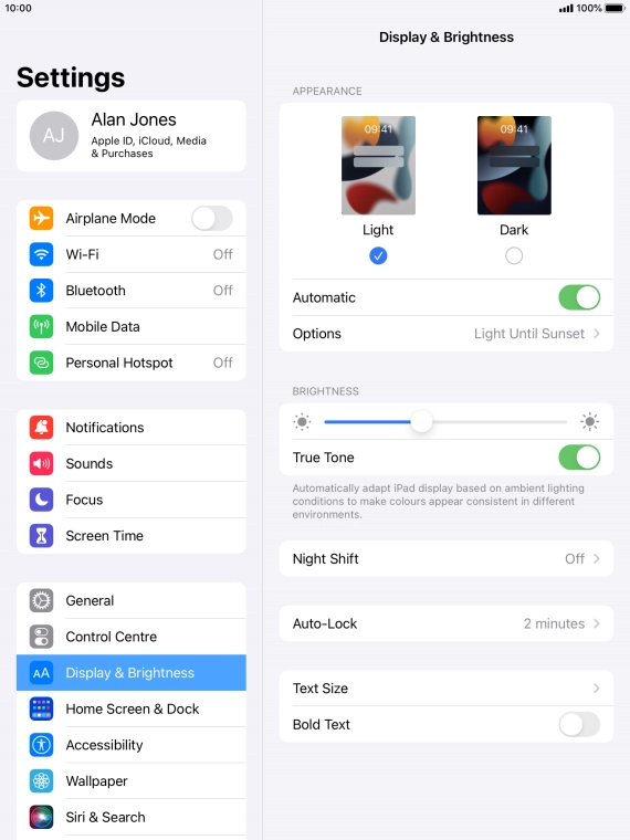 If you turn on the function, press Options and follow the instructions on the screen to select the required period of time for Dark Mode.