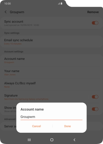 Key in the required name for the email account and press Done.