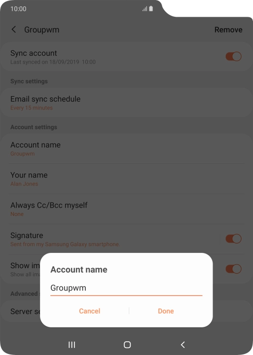 Key in the required name for the email account and press Done.