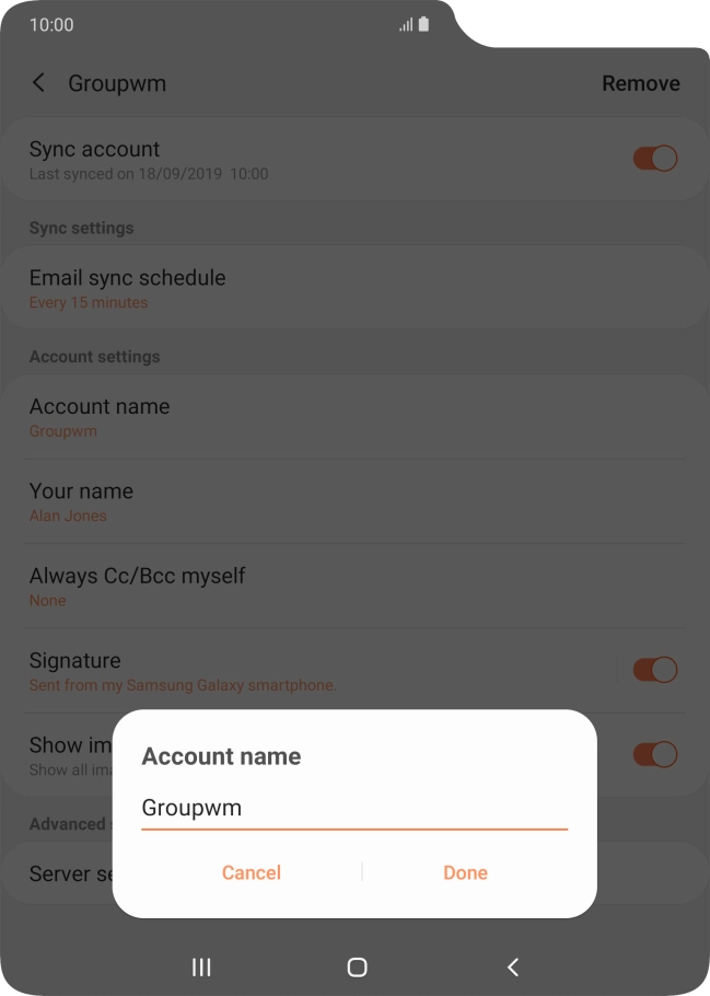 Key in the required name for the email account and press Done.
