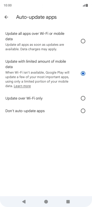 To turn on automatic update of apps using mobile network, press Update all apps over Wi-Fi or mobile data.