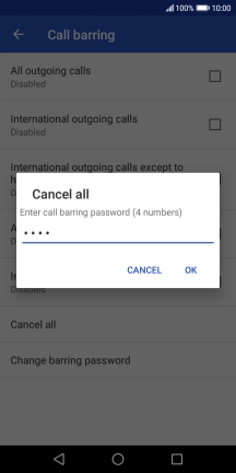Key in your barring password and press OK. The default barring password is 0000.