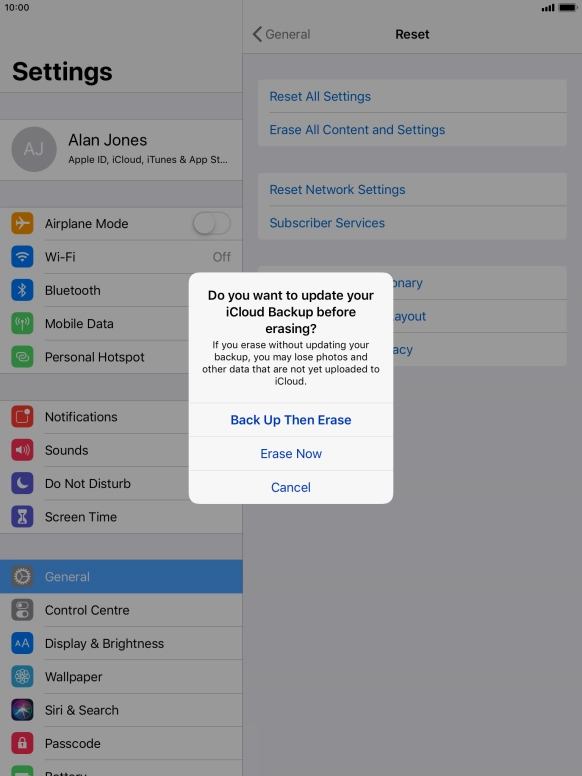 Press the required setting.