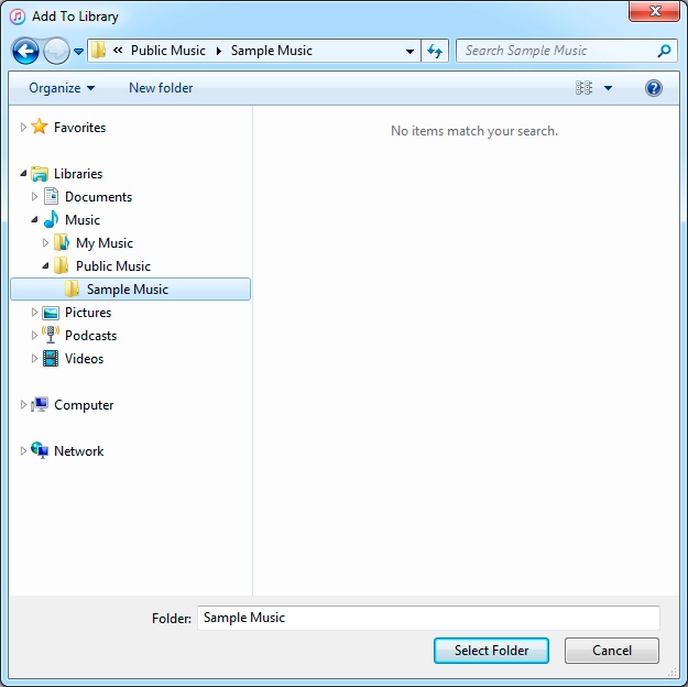Go to the required file or folder in your computer's file system and follow the instructions on the screen to add a file or folder to the iTunes library.